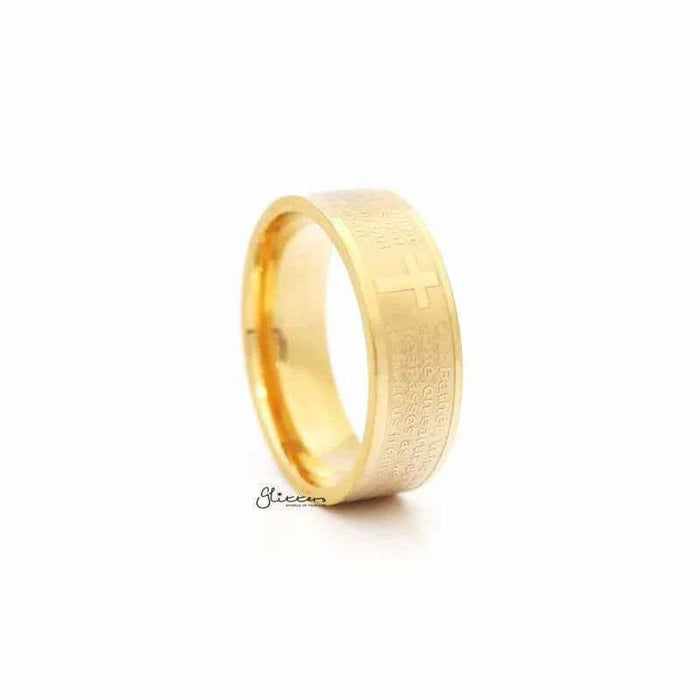 Gold stainless steel Our Father prayer band ring by Glitters, featuring engraved religious design on a sleek ring.