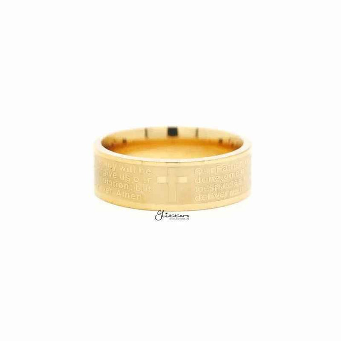 Gold stainless steel Our Father prayer band ring by Glitters, featuring engraved religious inscription and smooth polished finish.