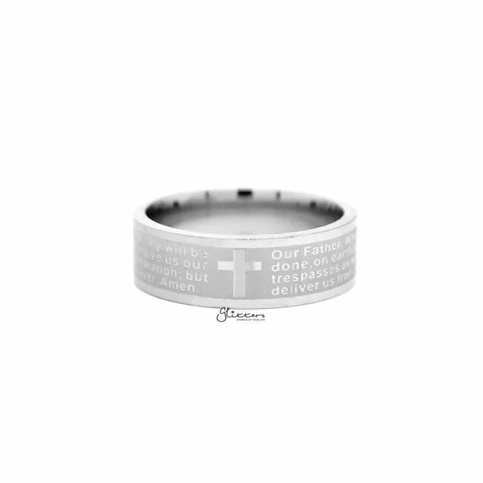 Silver stainless steel Our Father prayer band ring by Glitters, featuring engraved religious design and smooth finish.