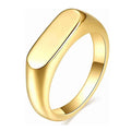 Gold stainless steel rectangle signet ring by Glitters, showcasing a sleek, polished design with a bold rectangular face.