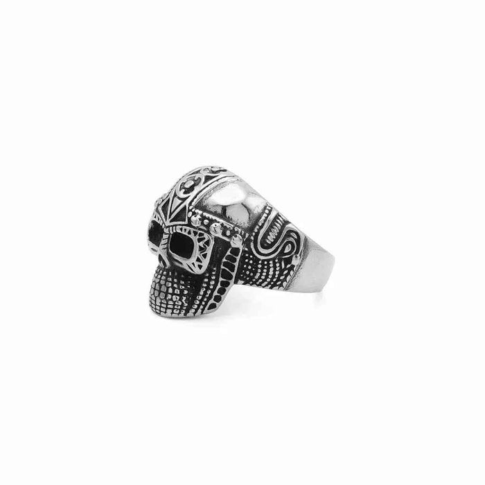 Stainless steel skull ring with Viking armor pattern, featuring detailed engravings, from Glitters' collection of stainless steel rings.