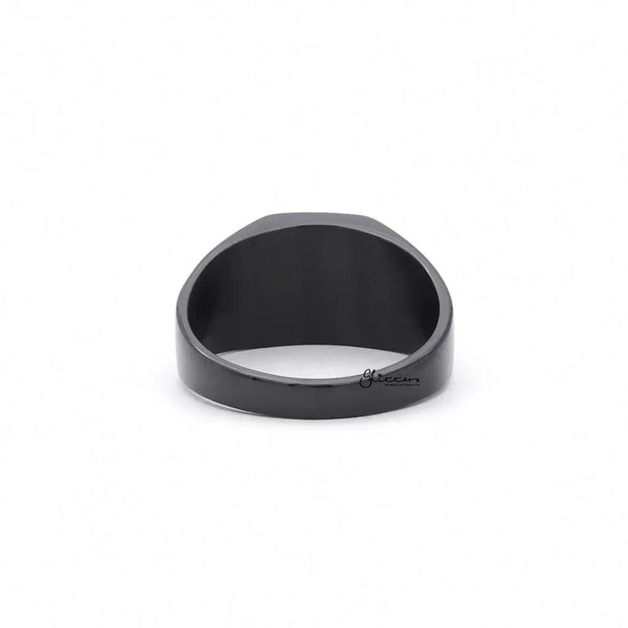 Black stainless steel square flat top signet ring by Glitters, showcasing a sleek, modern design and polished finish.