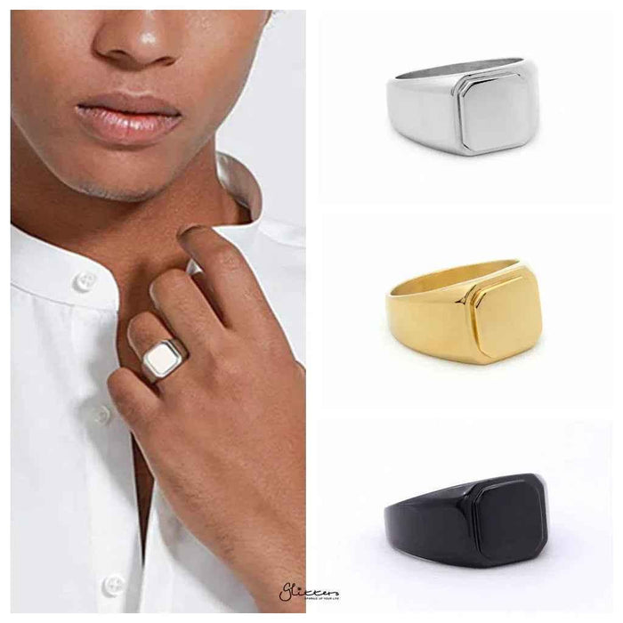 Gold stainless steel square flat top signet ring from Glitters, showcasing a sleek, modern design with a polished finish.