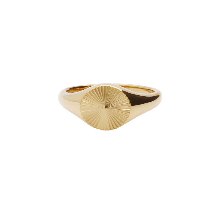 Gold stainless steel sunburst signet ring from Glitters, featuring a detailed sunburst design on a sleek band.