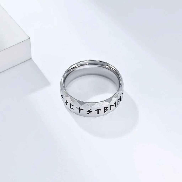 Stainless steel Viking Norse rune ring in silver with engraved Norse symbols, crafted by Glitters.