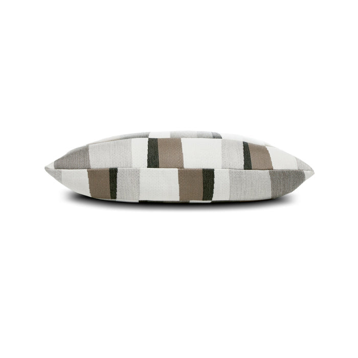 Side image of Taupe and brown geometric pillow lumbar size for neutral indoor and outdoor decor