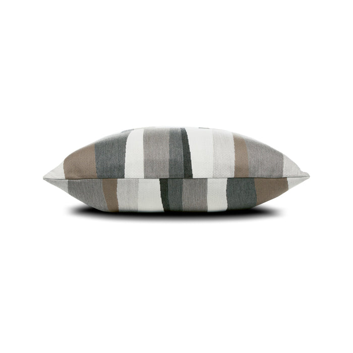 Side image of Taupe and brown geometric pillow in square size for classic indoor and outdoor decor
