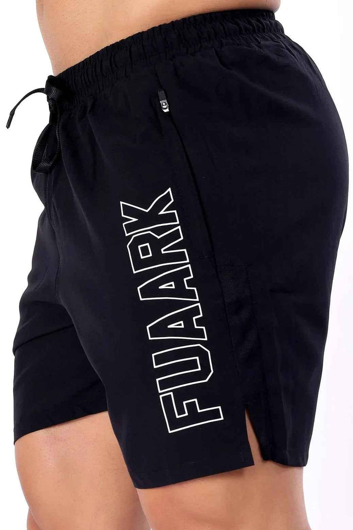 Black Studio Shorts by Fuaark Nz, featuring a comfortable fit and stylish design, shown on a model.