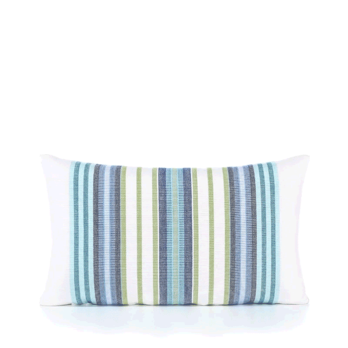 360 video of Green and blue striped pillow in lumbar size for timeless indoor and outdoor decor