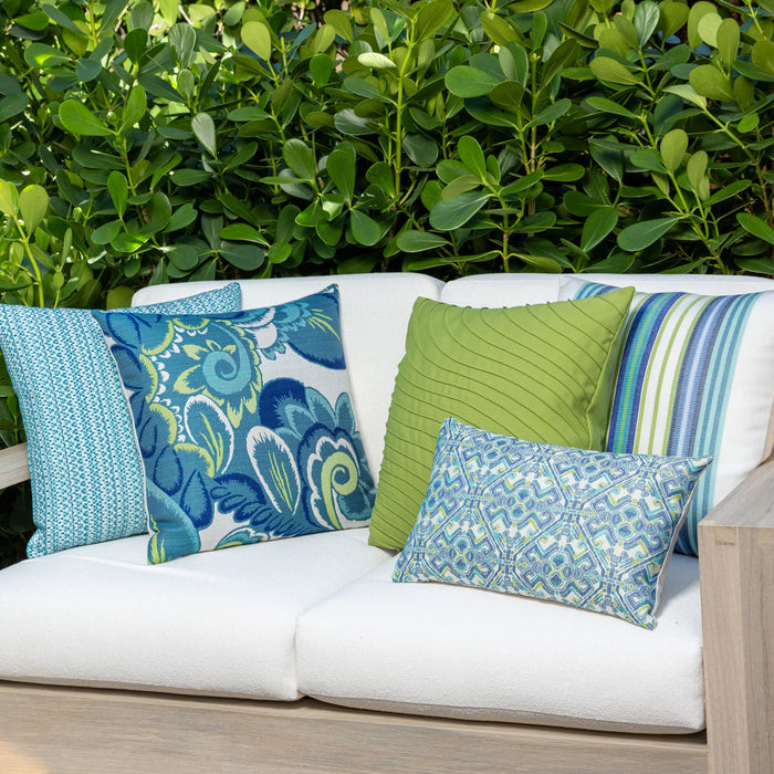 Outdoor image of pillows in Vibrant summer-inspired striped outdoor safe woven fabric – Summer Stripe by Elaine Smith