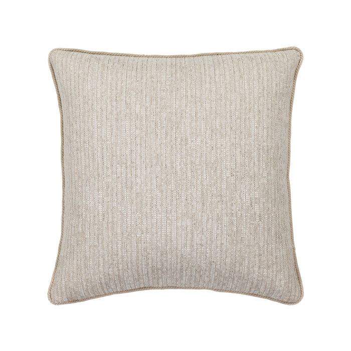 Pillow made from Warm fawn-colored outdoor-safe fabric with textured luxury weave and chenille accents
