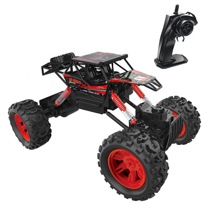 RC climbing car by dealonline.co.nz with alloy wheels, showing the high-speed design and wheel change feature.
