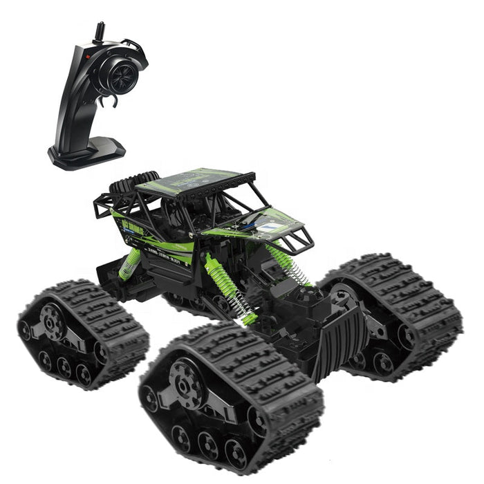 High-speed alloy RC climbing car with changeable wheels, showcasing its rugged tires and sleek design for off-road racing.