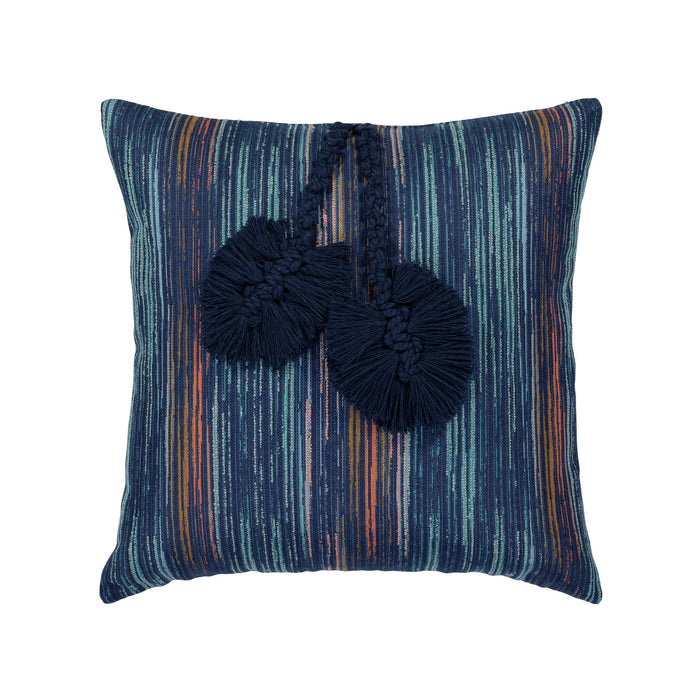 Pillow made from Contemporary indigo pattern outdoor safe woven fabric with vertical lines - Elaine Smith B2B