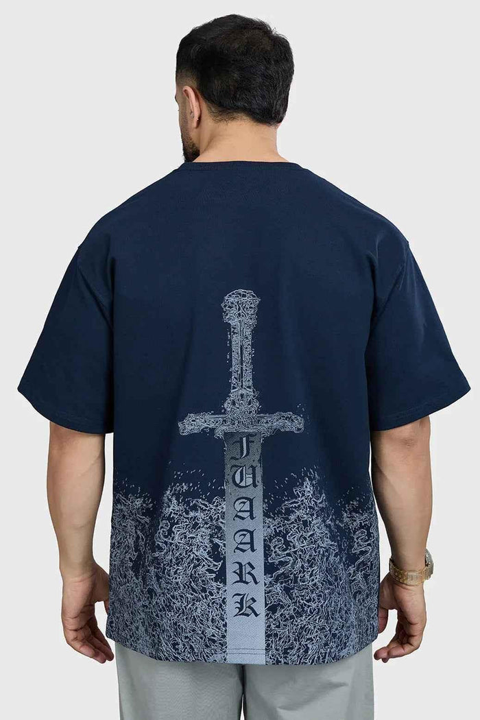 Navy oversized T-shirt from Fuaark Nz featuring a bold sword graphic on soft cotton fabric.