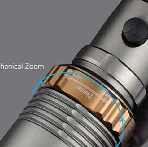 Mead's Supply & Equipment Outfitters T6 LED Tactical Flashlight with adjustable focus, rechargeable design, and 5 light modes.