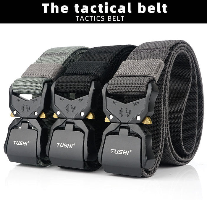 Tactical military nylon web rigger work belt with quick-release buckle, heavy-duty design for hiking and outdoor activities.