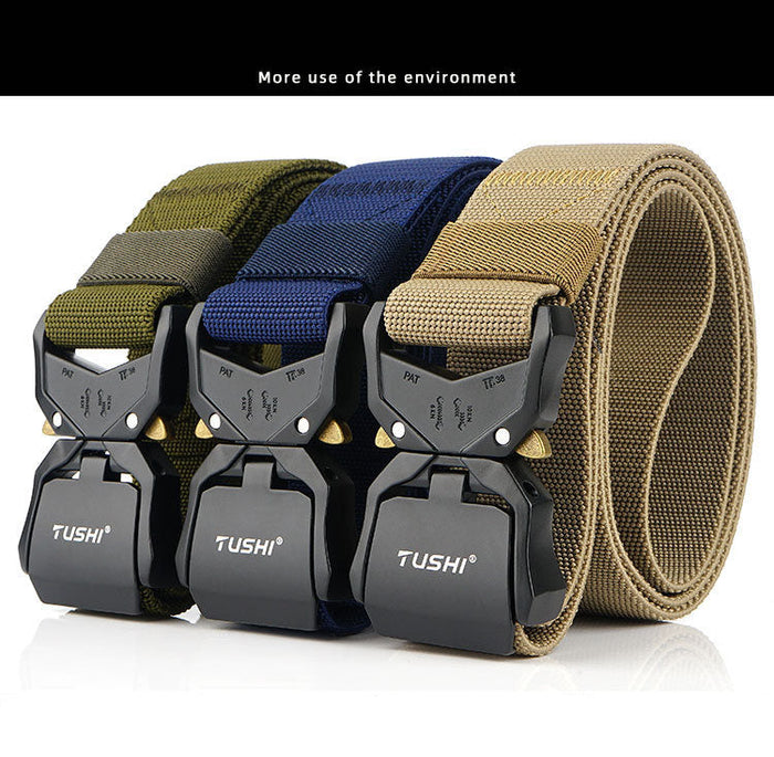 Heavy-duty tactical military hiking nylon web rigger belt with quick-release buckle, designed for outdoor work and rugged activities.