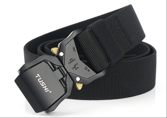 Heavy-duty tactical military nylon web rigger belt with quick-release buckle and durable construction for hiking and work use.