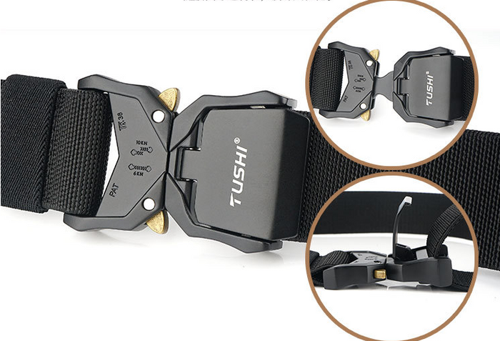 Heavy-duty tactical military nylon web rigger belt with quick-release buckle, suitable for hiking and work outdoor activities.