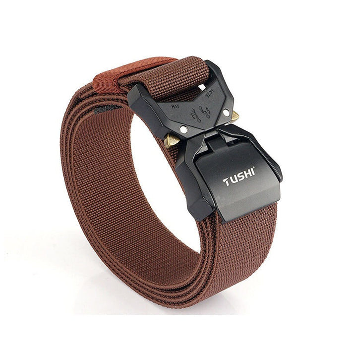 Heavy-duty tactical nylon web rigger belt with quick-release buckle, suitable for military, hiking, and work use.