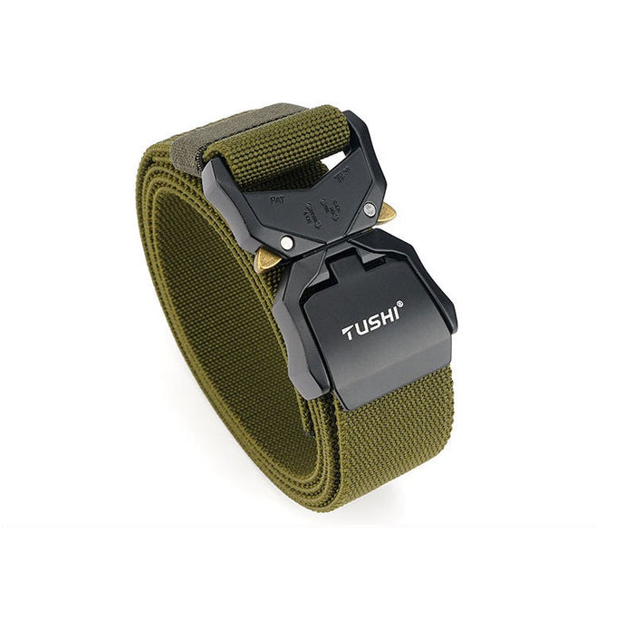 Heavy-duty tactical military hiking nylon web rigger work belt with quick-release buckle, black color, durable design