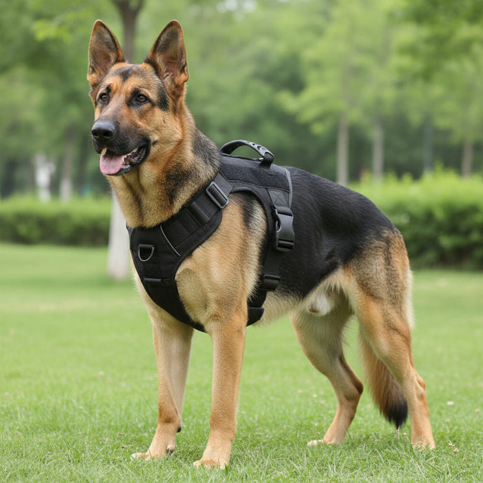 Adjustable tactical dog harness and training collar vest with chest strap, designed for walking and training pets.