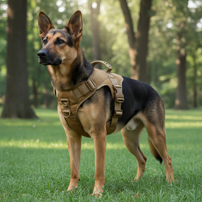 Adjustable tactical dog harness and training collar vest with chest strap, ideal for walking and outdoor activities.