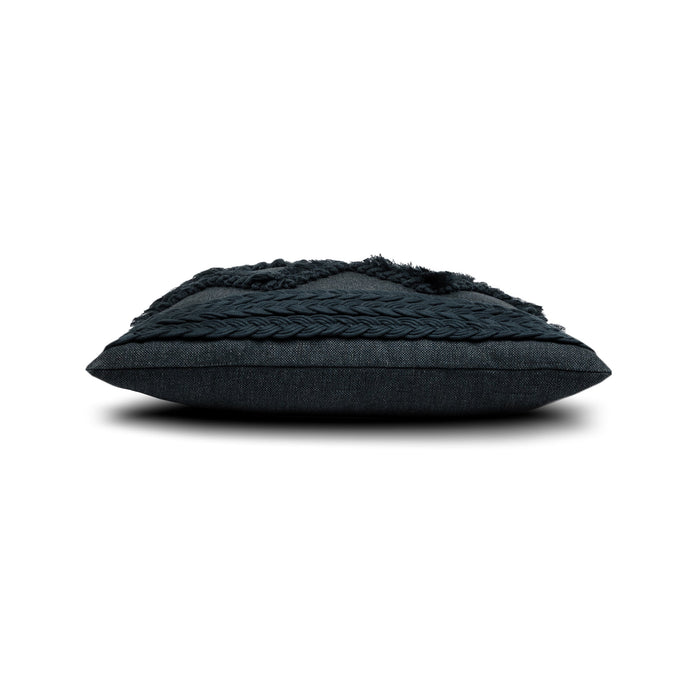 Side image of Indigo solid pillow with fringe accents in square size for chic indoor and outdoor decor