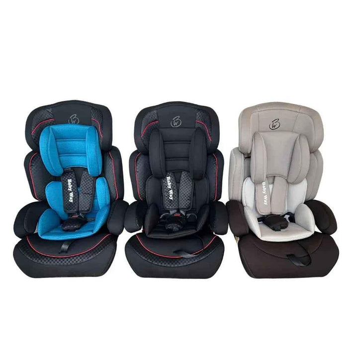 Baby Way NZ The Racer booster seat in black with adjustable headrest, designed for safe car travel for children.