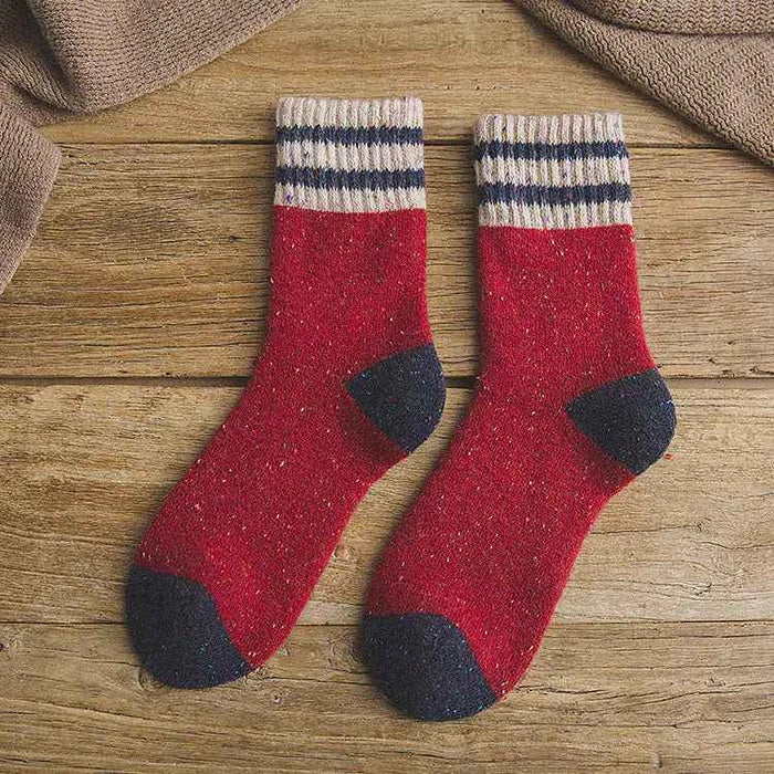 Red thickened warm terry wool socks for women with brushed striped pattern, cozy winter footwear from Mead's Supply & Equipment Outfitters