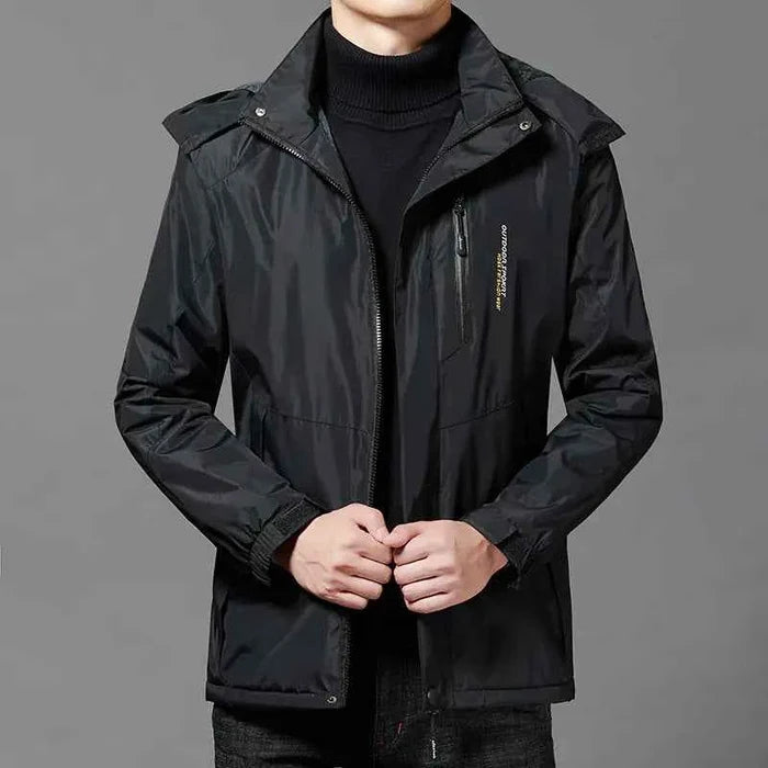 Black men's windproof and warm coat by Mead's Supply & Equipment Outfitters, in 2XL size, with thick insulated fabric.