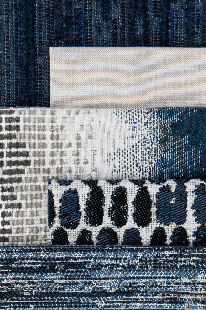 Coordinating fabrics to Luxury outdoor safe woven fabric with bold indigo abstract thumbprint pattern