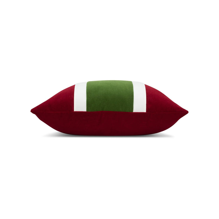 Side image of Red and green striped pillow square size for bold indoor and outdoor decor