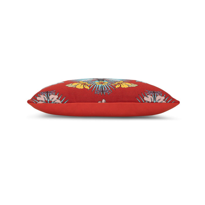 Side image of Red floral and botanical bee pillow lumbar size for vibrant indoor and outdoor decor