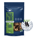 True Blue dog treat package with branding and product details on a green background