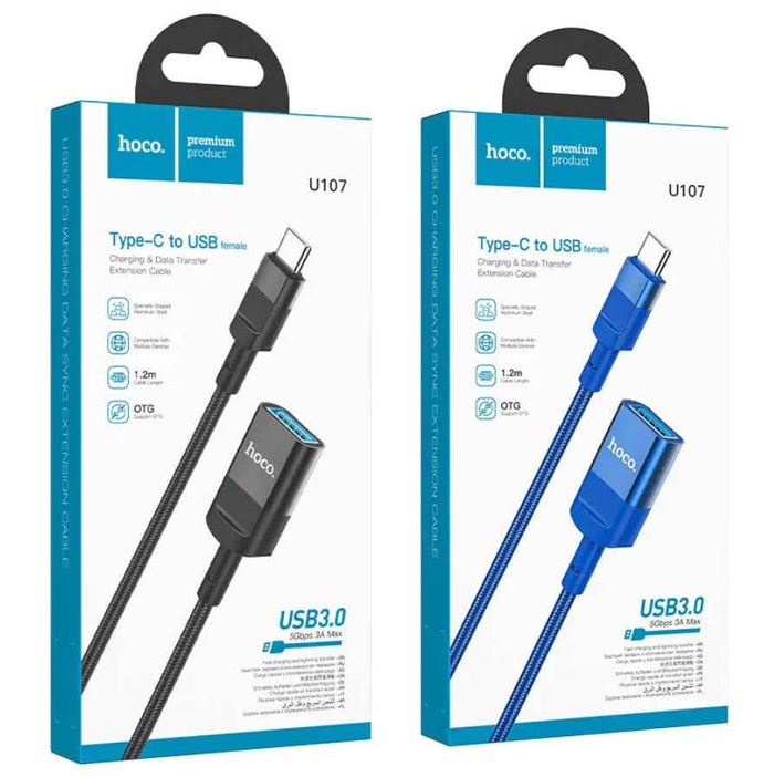 Techplus U107C Type-C extension cable in black, 1.2m length, supports fast charging and data transfer.
