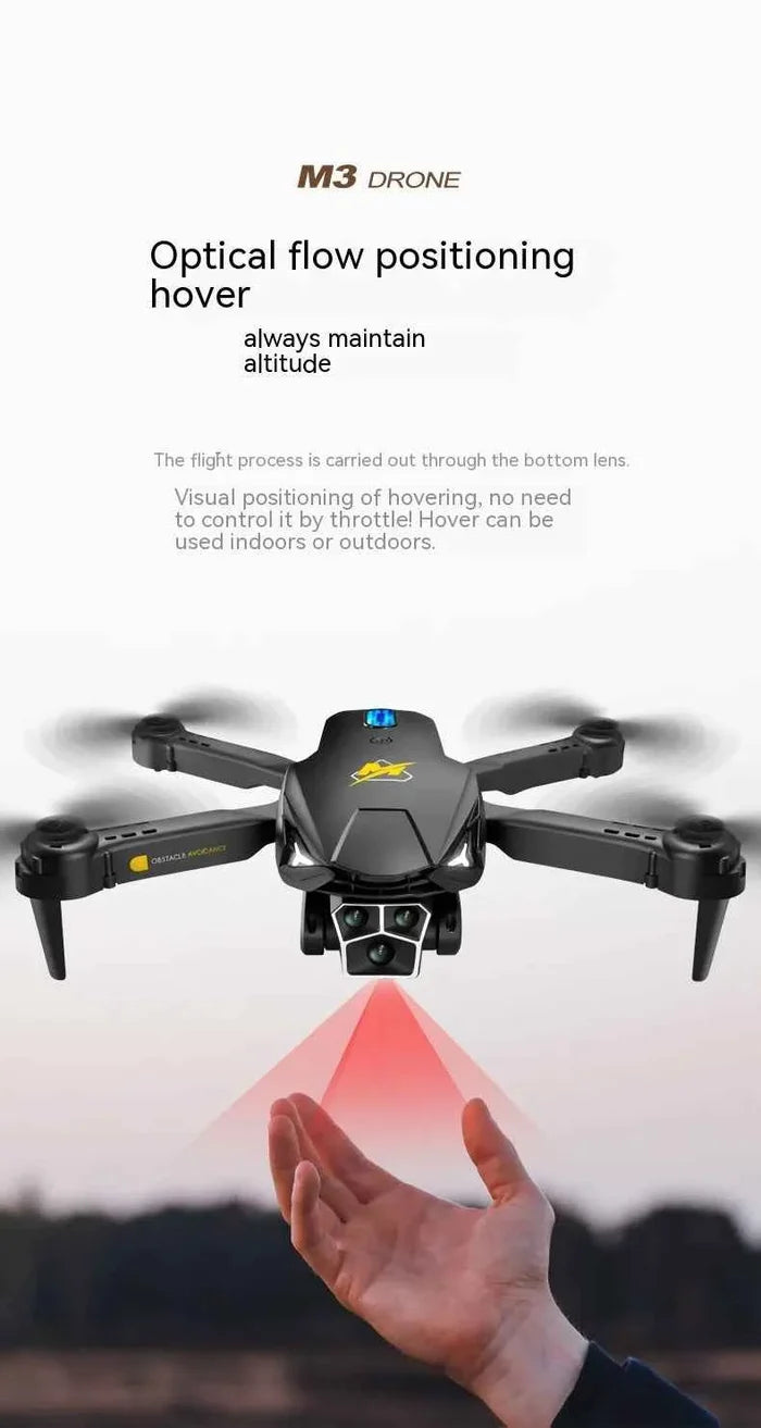 Orange and black UAV three-camera HD drone with optical flow positioning and obstacle avoidance, outdoor electronics from Mead's Supply.