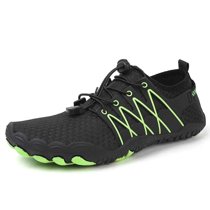 Unisex outdoor water shoes in black and green by Mead's Supply & Equipment Outfitters, designed for quick-dry hiking and swimming.