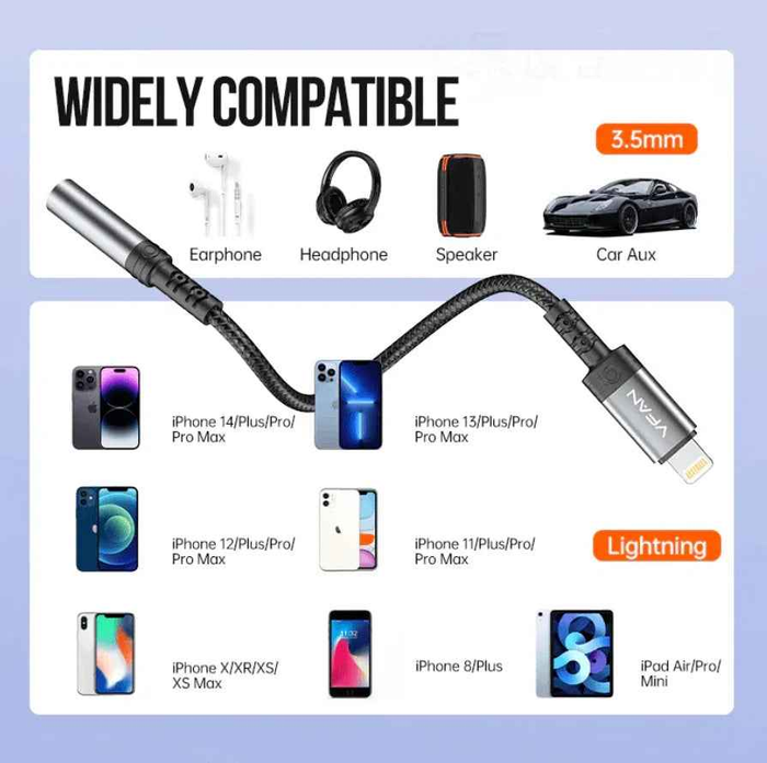 Techplus Vipfan Lightning to 3.5mm audio jack adaptor connected to an iPhone for high-quality audio output.