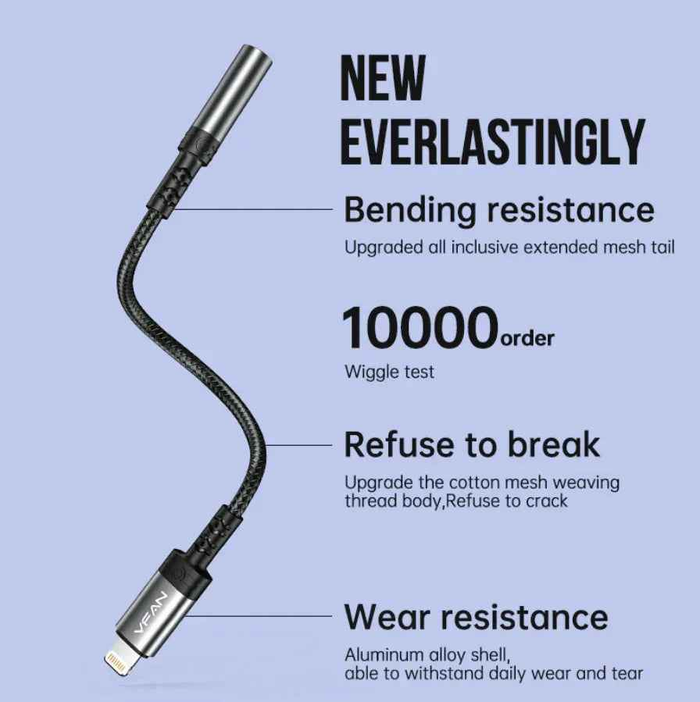 Techplus Vipfan Lightning to 3.5mm audio jack adaptor connected to an iPhone, enabling headphone use with Lightning port.