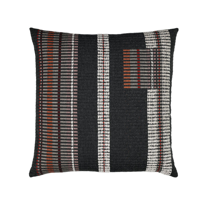 Pillow made from Striped charcoal outdoor safe woven fabric with modern texture and contrast
