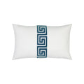 White pillow with teal greek key band in lumbar size for indoor and outdoor décor