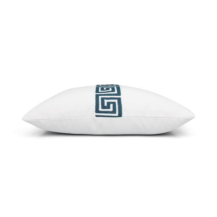 Side image of White pillow with teal greek key band in lumbar size for indoor and outdoor décor
