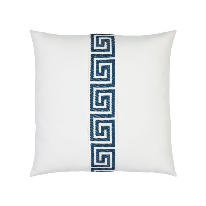 White pillow with teal greek key band in square size for indoor and outdoor décor