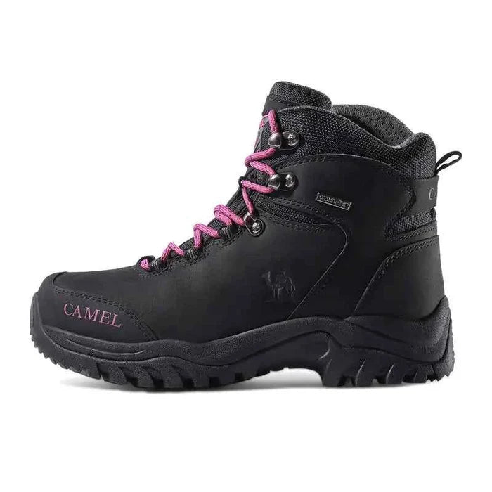 Purple waterproof high-top hiking boots for girls by Camel Brand, designed for outdoor adventures, with sturdy waterproof construction.