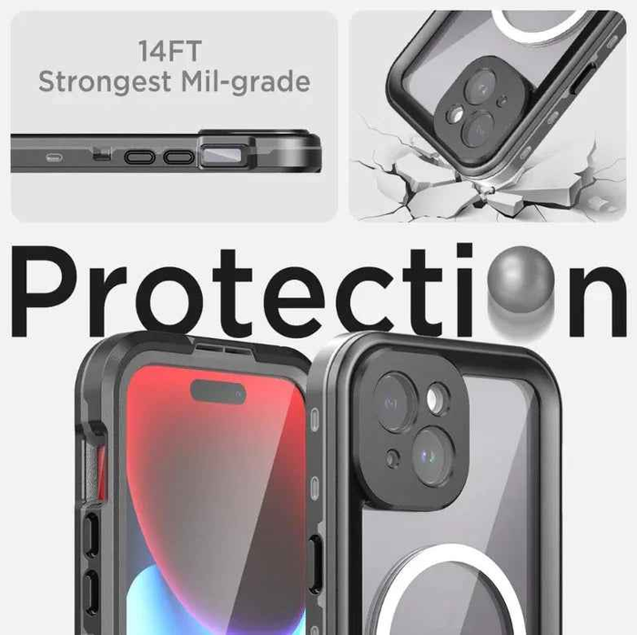 Clear waterproof and shockproof case for iPhone 15 by techplus, providing durable protection and transparent visibility.