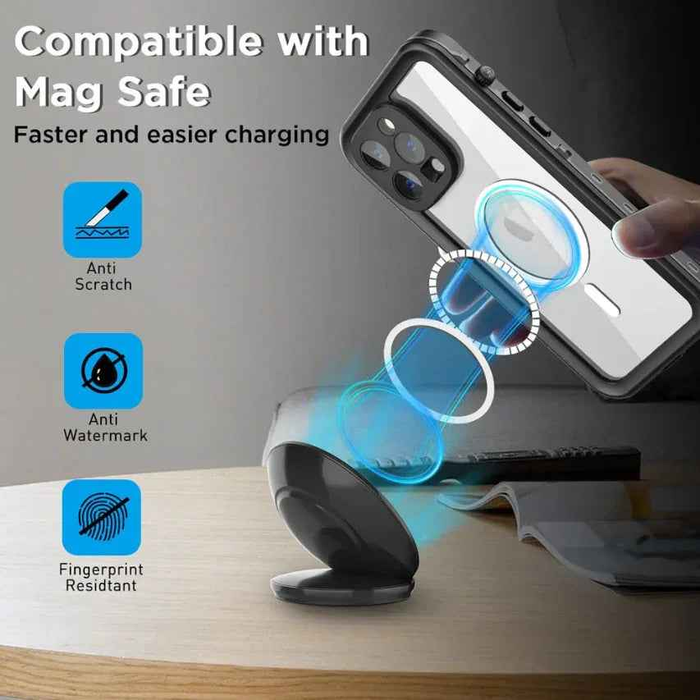 Clear waterproof and shockproof phone case for iPhone 15 by techplus, providing durable protection and transparent design.