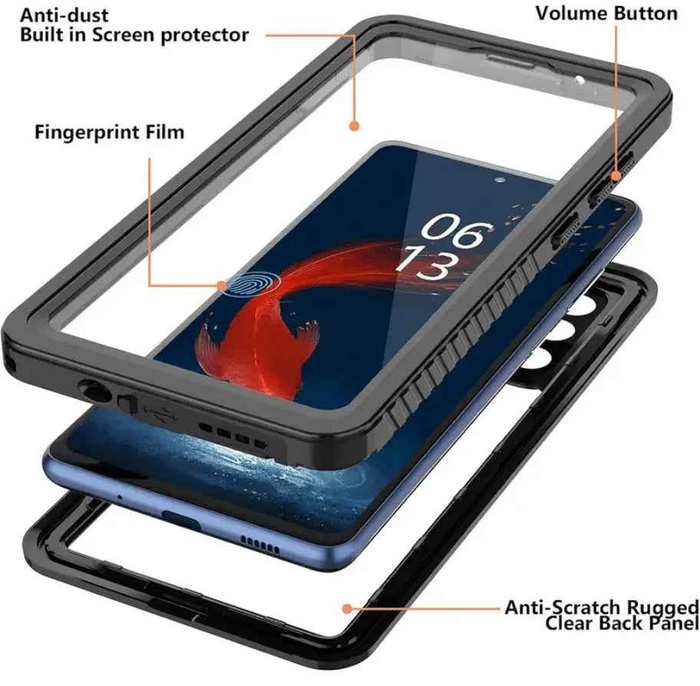 Techplus waterproof and shockproof mobile phone case for Samsung Galaxy S20, showing durable protective design with clear front and back.