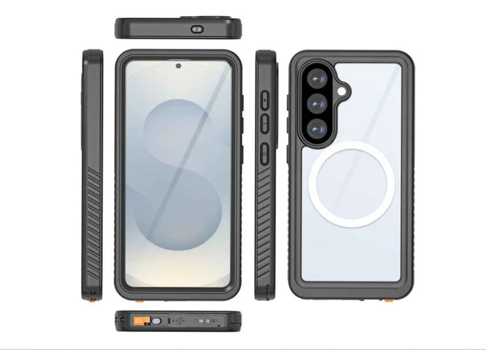 Clear waterproof and shockproof phone case for Samsung Galaxy S26 Plus by TechPlus, showing the protective cover from the front.